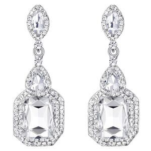 Silver with White Diamond Austrian Crystal Statement Chandelier Clip On Earrings